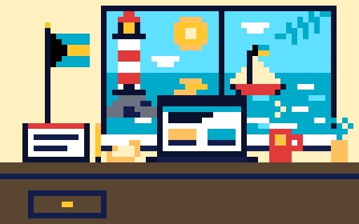 Pixel art of a desk by a harbour window in Nassau: a laptop, a mug, a notepad, a conch shell and a Bahamian flag, with a lighthouse and a sailboat outside.